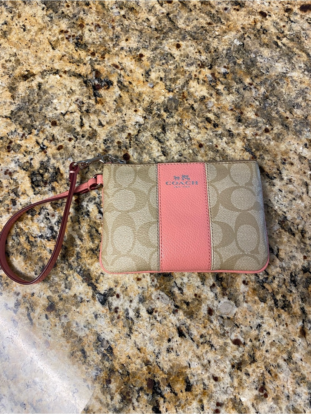 Coach Tan Signature Canvas Wristlet with Pink Leather Accent